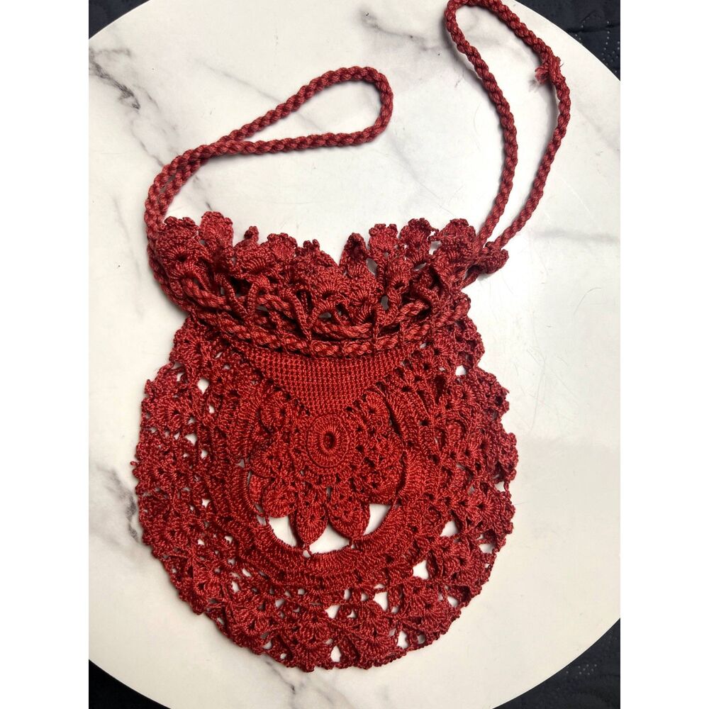 Vintage Red Lace Blossom Storage Crochet Bag Retro Cottagecore Chic Whimsical